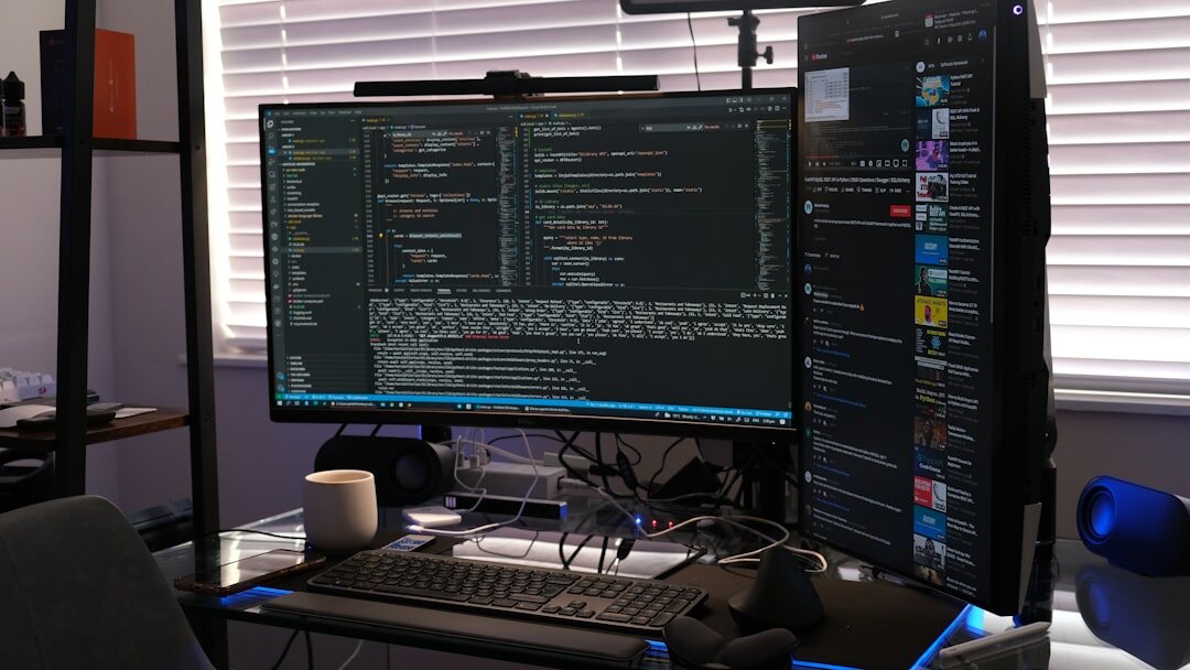 Dual monitors showing a code editor and terminal